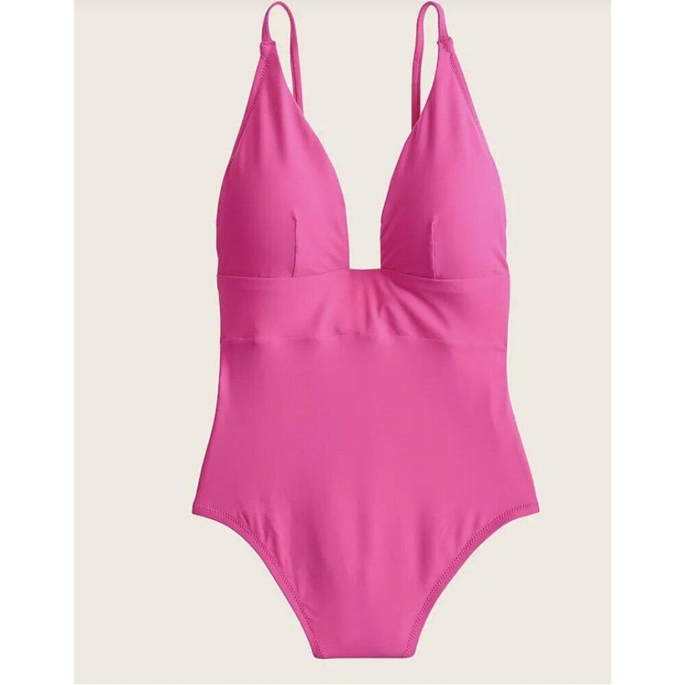 J.Crew $110 Deep V-Neck French One Piece Swimsuit Neon Flamingo Pink Sz 24 L2584